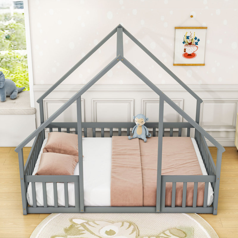 Wood House-Shaped Floor Bed With Guardrails, Gray, Full
