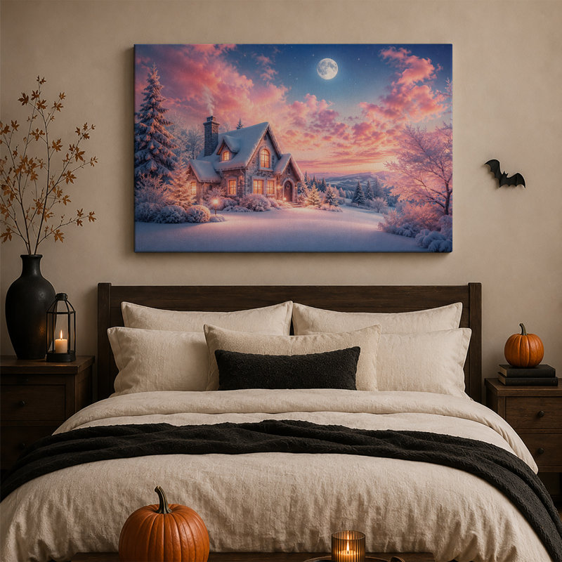 Maison en pierre enneigée sous la pleine lune - Toile murale d'Halloween, H 28 po x l 40 po