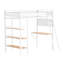 Lit mezzanine simple blanc mat, 3 tablettes de rangement, poste de travail intégré, système de lattes en métal, lit de taille verticale, tablettes ouvertes, métal blanc, panneaux en filet