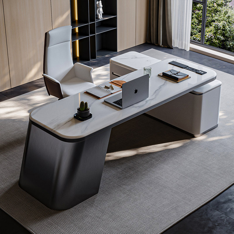 Bureau en pierre frittée en forme de L italien de luxe avec armoire de rangement grande capacité et multiprise multifonctionnelle