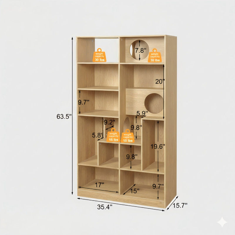Modern 2-in-1 wooden furniture piece combining a bookshelf with a feline house. Functions as a display case for cats, incorporating a storage compartment. Includes an enclosed area for a litter box and a climbing shelf. Finished in natural wood tone.