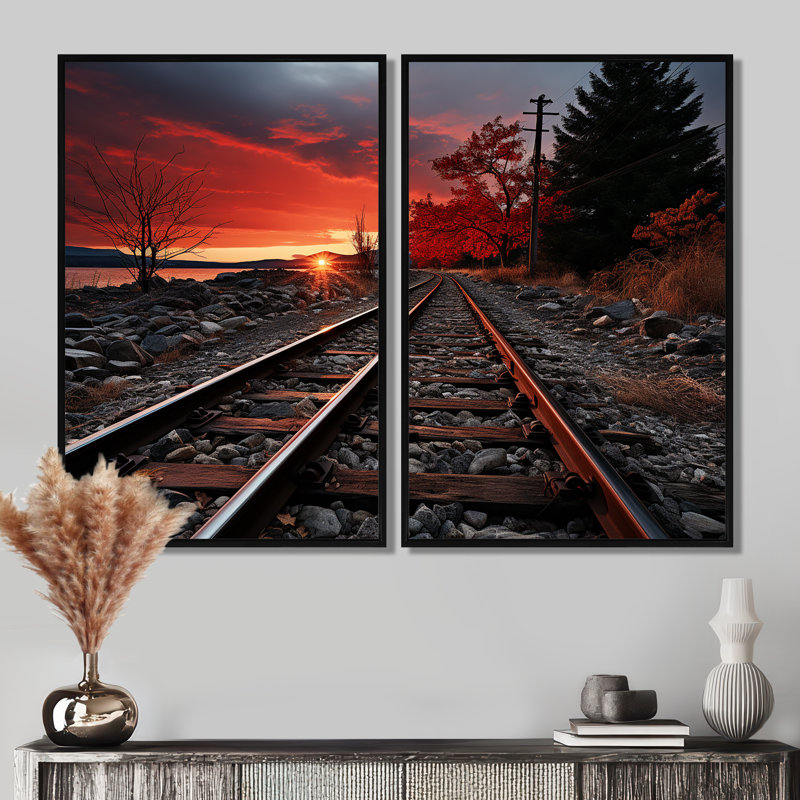 Train, train rouge, paysage I, Black, 36" H x 48" W, Impression encadrée flottante