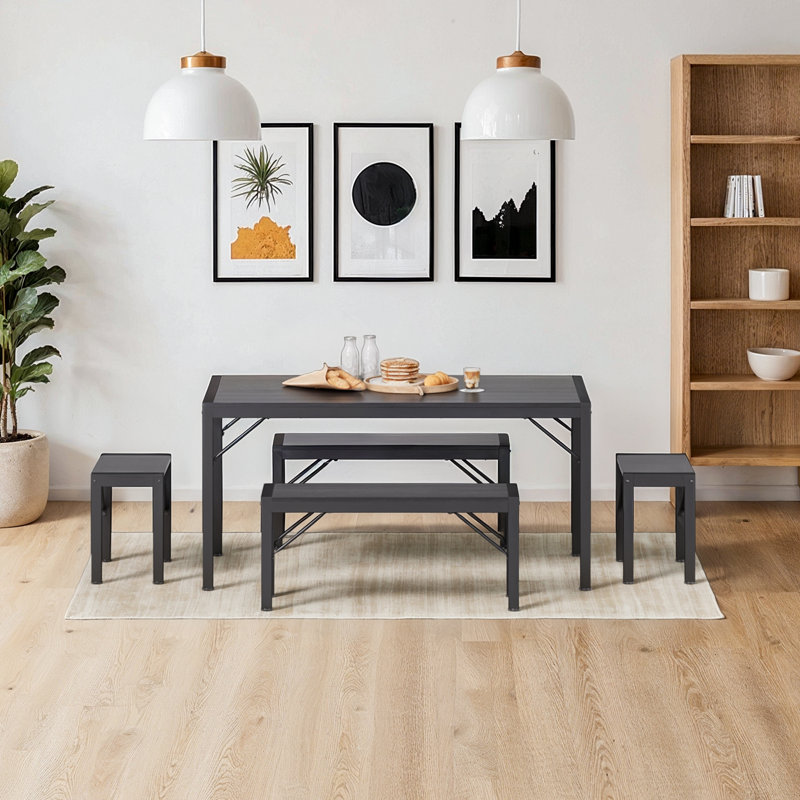 Pendry 6 - Person Dining Set, Dining Table with 2 Long Benches and 2 Short Benches, Black