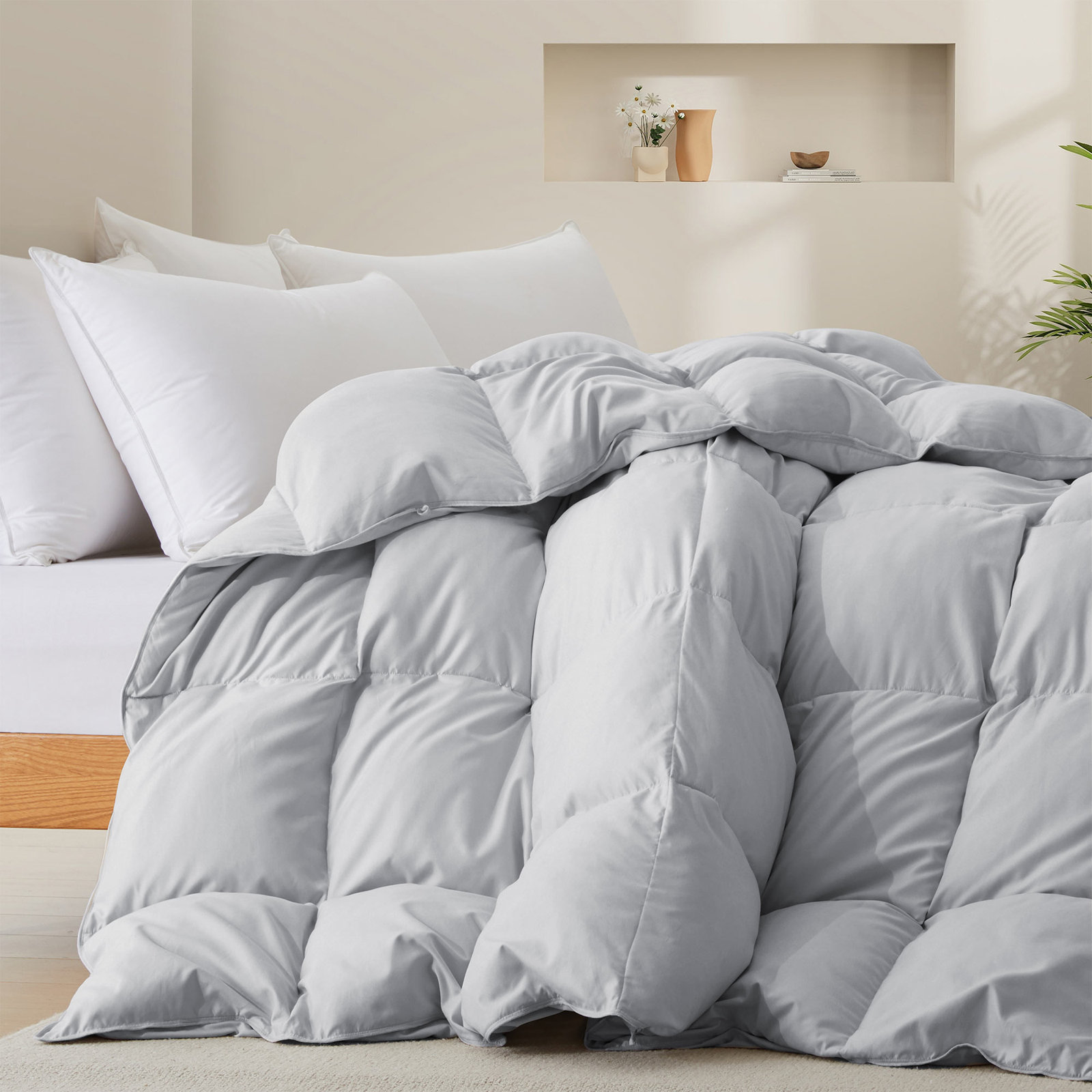600 Fill Power All Season Down Comforter Duvet Insert, Queen, Light Gray