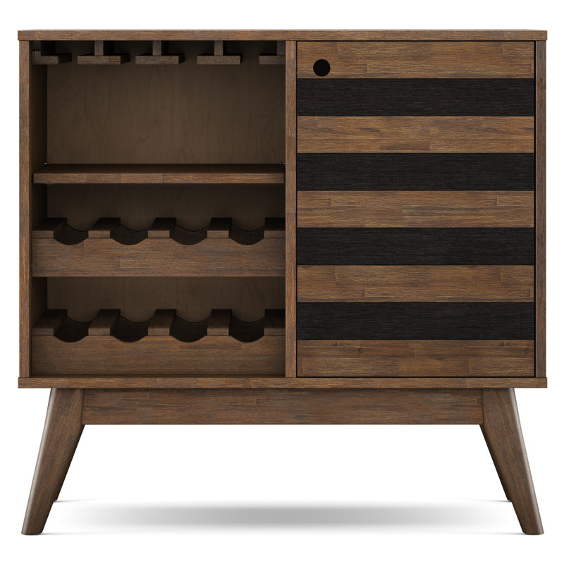 Grande armoire à vin de style Mid-Century en acacia massif avec porte-verres à pied et rangement pour 12 bouteilles Clarkson
