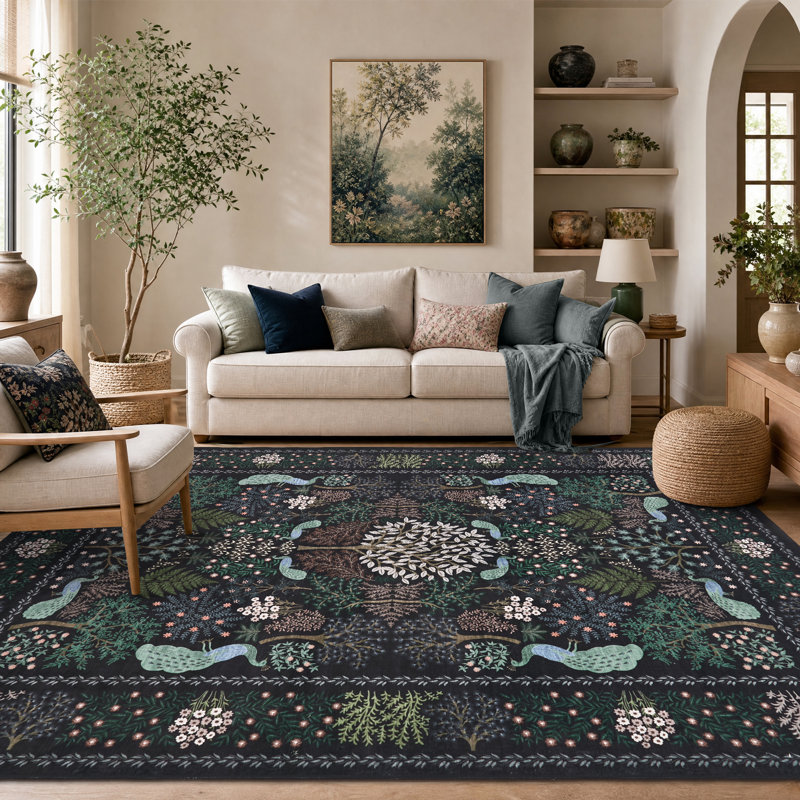 Tapis lavable Peacock Botanical, Navy, Rectangle 9' x 12'