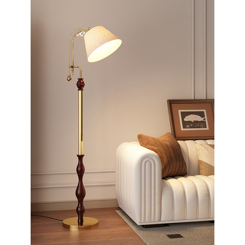 Medieval-style metal, fabric and wood floor lamp, Beige, Gold/Brown