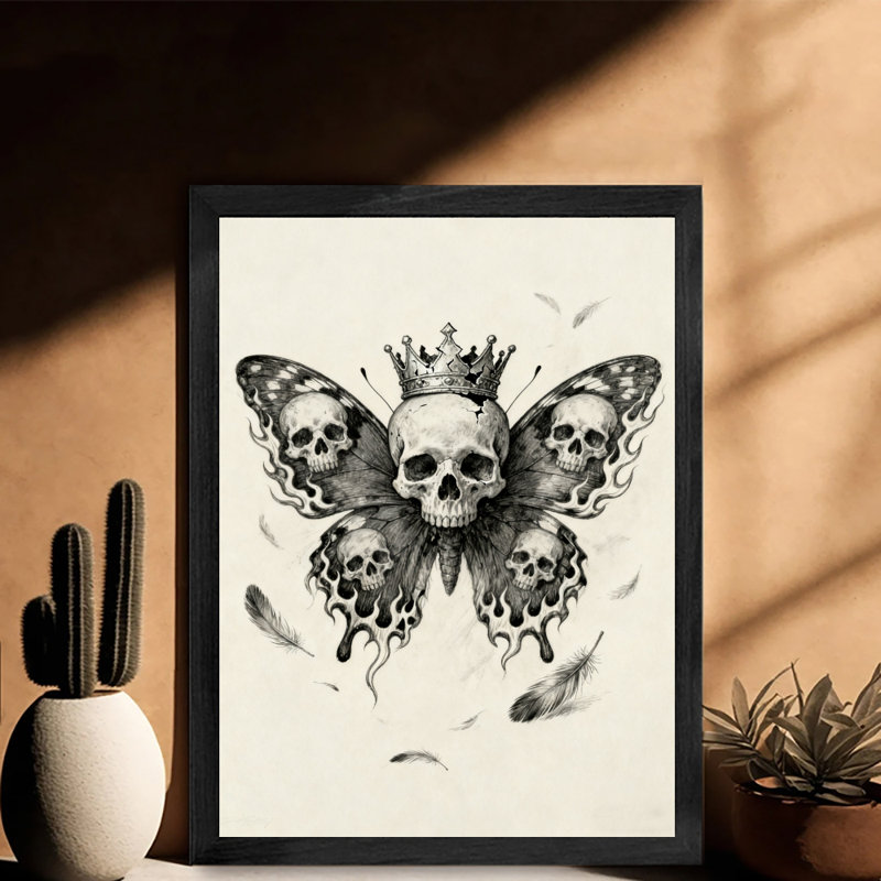 Reproduction d'art encadré noir avec crâne de papillon rétro, H 11 po x l 9 po