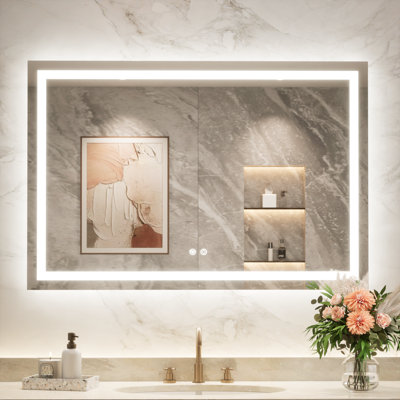 Miroir de meuble-lavabo à fixation murale avant et rétro-éclairé Cardier avec réglage en 3 couleurs, incassable, verre trempé