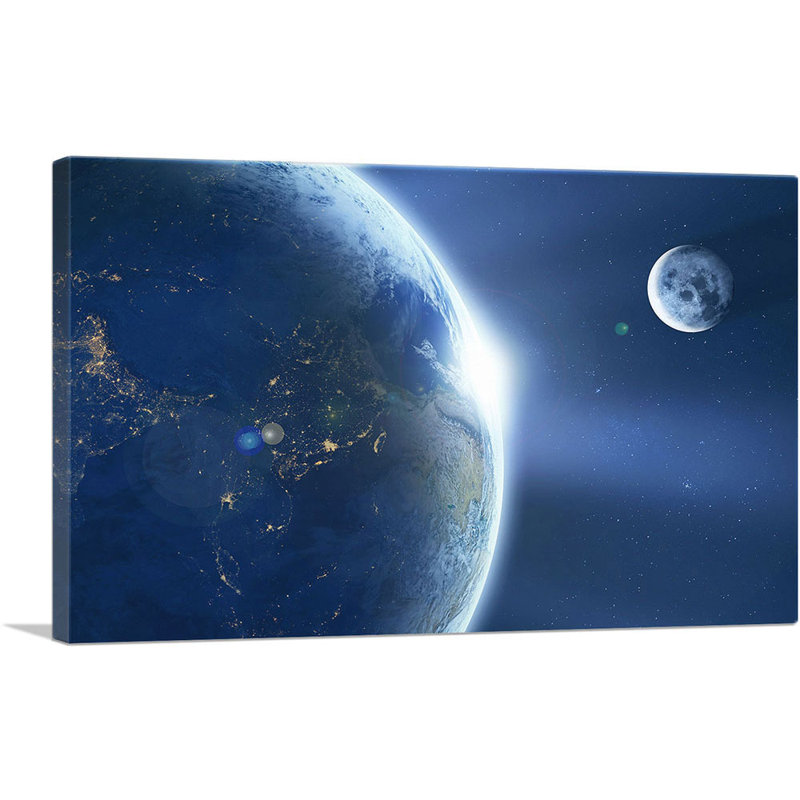 Planète Terre et Lune dans le système solaire - reproduction de photo sur toile tendue, H 18 po x l 26 po x P 1,5 po