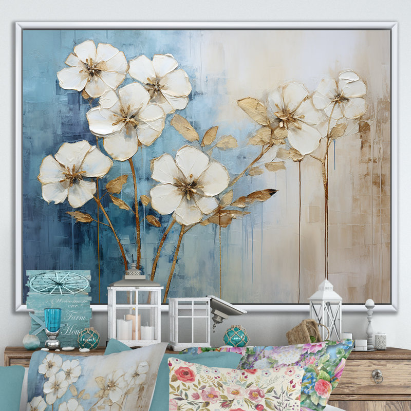 Geraniums bleus dorés, Cadre flottant blanc, 16" H x 32" W