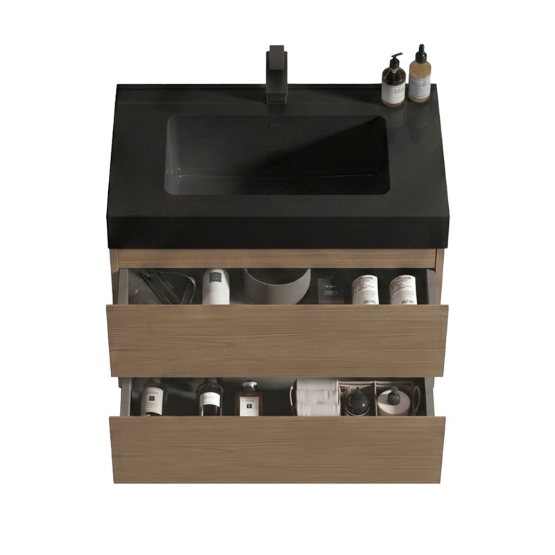 Wall-Mounted Single Bathroom Vanity with Quartz Top with Overflow, Matte Black, 30", Brown Walnut