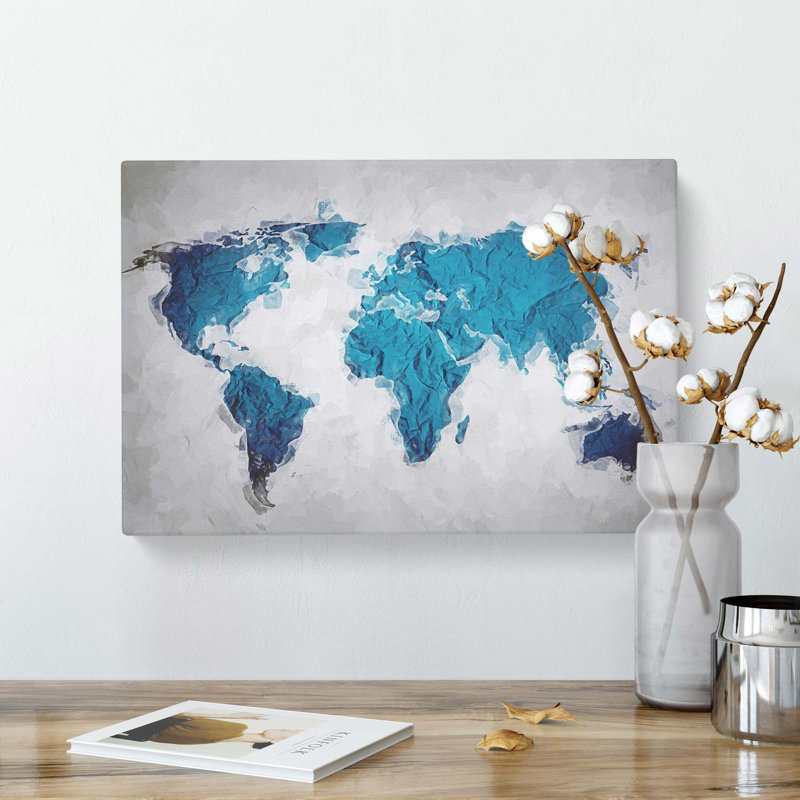 Teal Blue Map Of The World In Abstract - Wrapped Canvas Painting, 61 cm H x 91 cm W