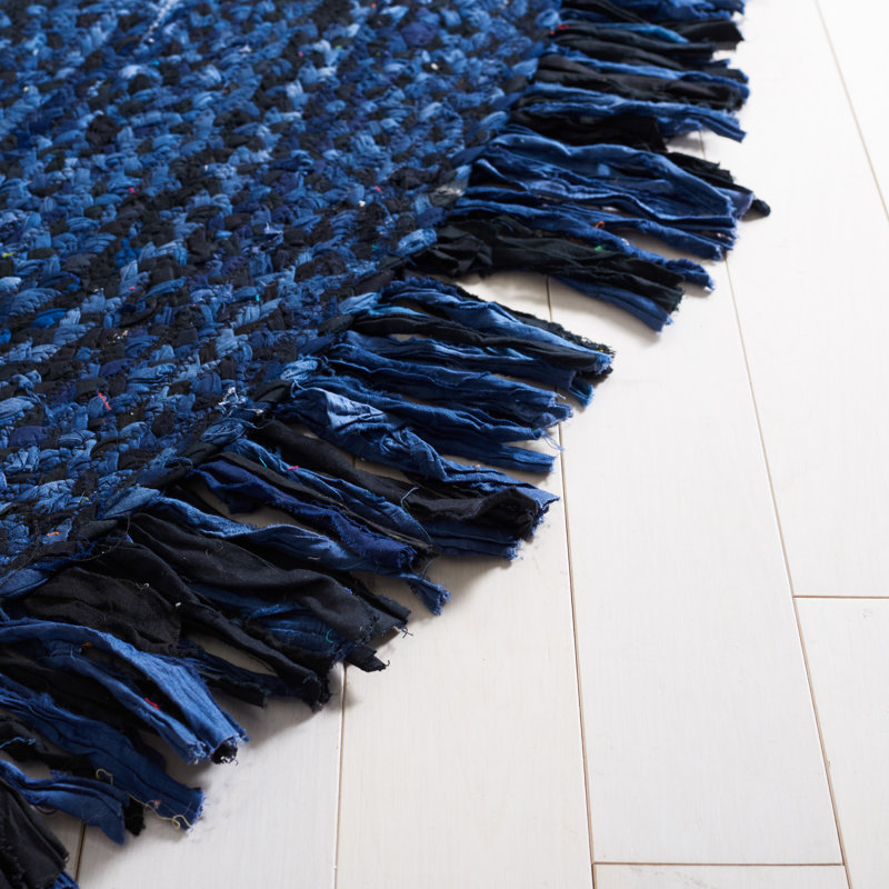 Tapis en coton tissé à la main en bleu marine / noir, Ovale 3 pi x 5 pi