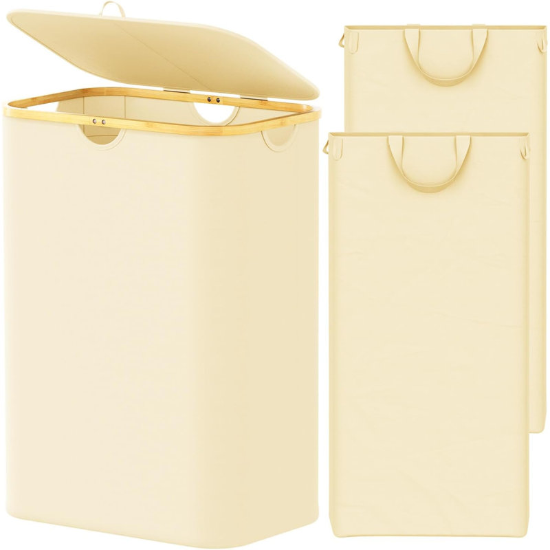 Double Laundry Hamper 2 Section With Lid And Removable Laundry Bags, 160L Clothes Basket With Bamboo Handles, Large Collapsible Hamper For Bedroom, Bathroom, Dorm, Laundry Room - Beige