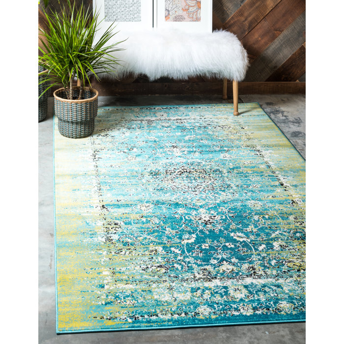 Bungalow Rose Yareli Machine Woven Performance Blue/Green Rug & Reviews ...