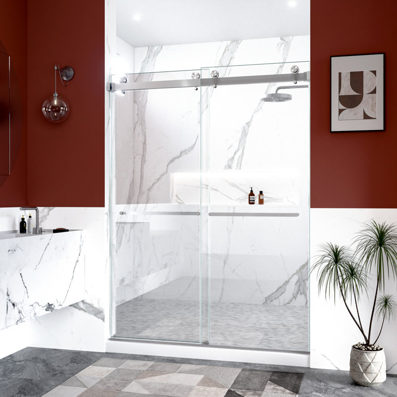 Porte de douche coulissante double de 56 à 60 po de largeur, verre épais de 10 mm, nickel brossé, conception réversible, étanchéité efficace, structure en acier inoxydable, porte lisse H 80 po avec largeur réglable de 60 po, 3/8 po