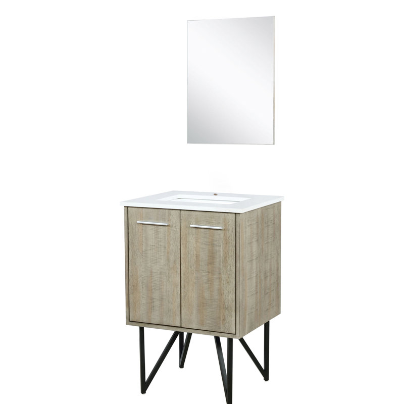 24 po De meuble-lavabo rustique l 20 po x P 20 po avec comptoir en quartz blanc, miroir coulissant 18 po, tiroirs à fermeture en douceur et plateau de tablette, ouverture rectangulaire