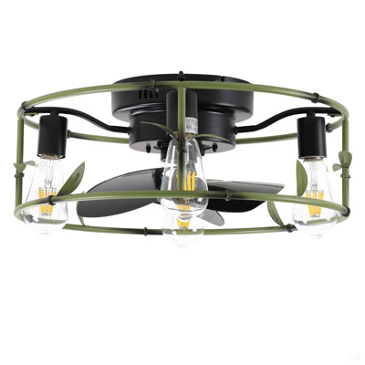 Ventilateur de plafond industriel vert 19 po avec éclairage - Cage encastrée avec télécommande, ventilateur de plafond rustique à 3 lumières, moteur à courant continu réversible silencieux à 6 vitesses pour chambre à coucher, salon (ampoule non incluse)