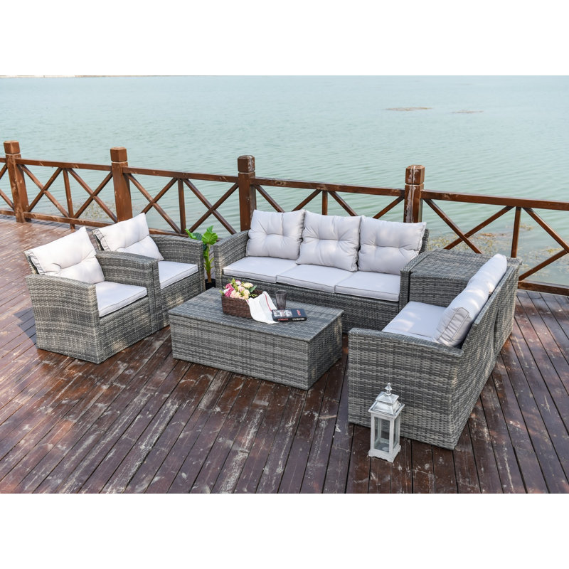 Kensli Wicker 7 - Person Patio Conversation Set with Cushions, Gray