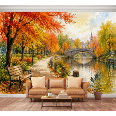 Wall Mural Peel and Stick Autumn Park Landscape Stone Bridge Golden Trees Peaceful River Large Wallpaper Self-Adhesive Removable Contact Paper Wall Decor for Living Room Bedroom Nursery 100"H x 144"W