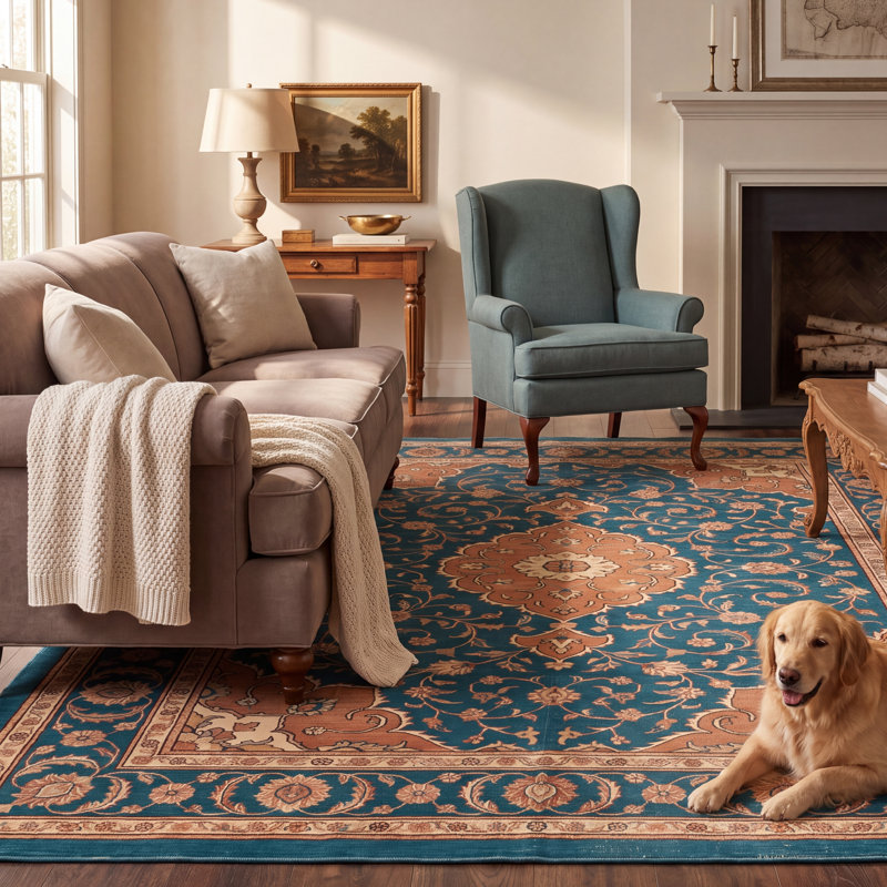 Tapis Pasture2 Traditionnel Médaillon Style persan Bleu Canard Or Crème lavable à la machine Antidérapant Poils courts Intérieur extérieur Adapté aux animaux domestiques Salon Chambre Salle à manger Entrée Couloir Bureau