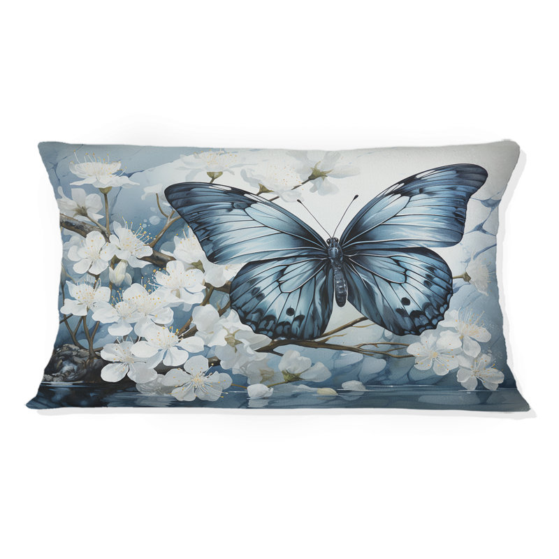 Coussin décoratif à imprimé papillon bleu et blanc