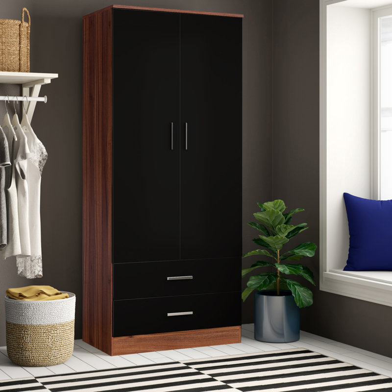 Eva High Gloss 2 Door + 2 Drawer Wardrobe - H: 180cm x D: 47cm x W: 76cm, Walnut/Gloss Black