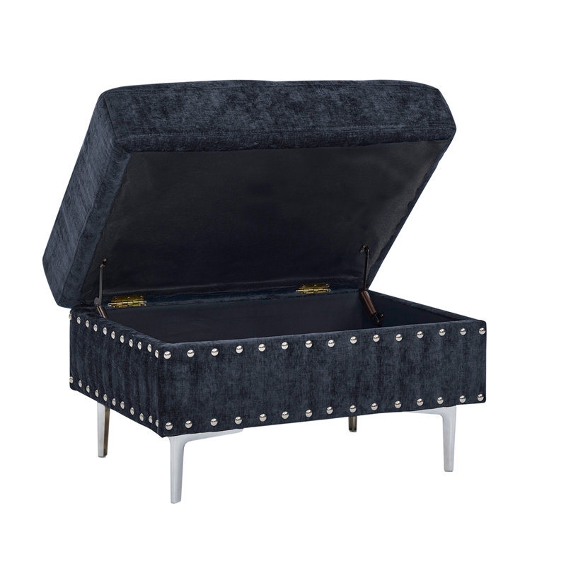 Canapé modulaire 3 places avec méridienne, repose-pieds avec rangement, pieds en métal et clous en cuivre, deux coussins blancs
