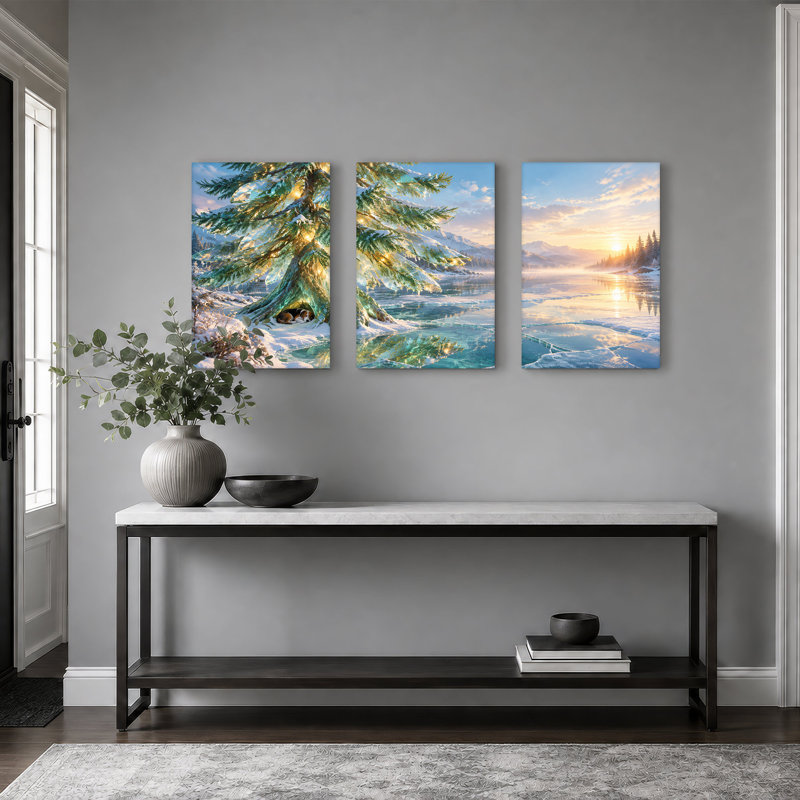 Glowing Ice Tree Sheltering Sleeping Dog Christmas Set Of 3 Canvas Wall Art, 60"W x 30"H Overall - 3 Panels