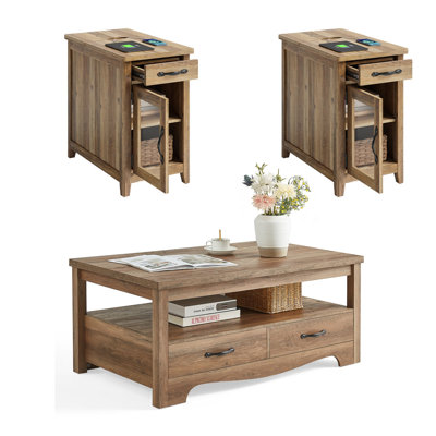 3-Piece Modern Living Room Table Set,Modern Stripe Lift-Top Coffee Table and Charging End Tables