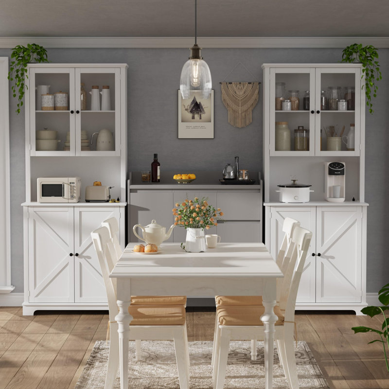 Bahut de cuisine blanc 72 po avec portes en verre, armoire de rangement 41 po avec station de charge et lumières DEL, armoire de rangement de style maison de campagne, blanc
