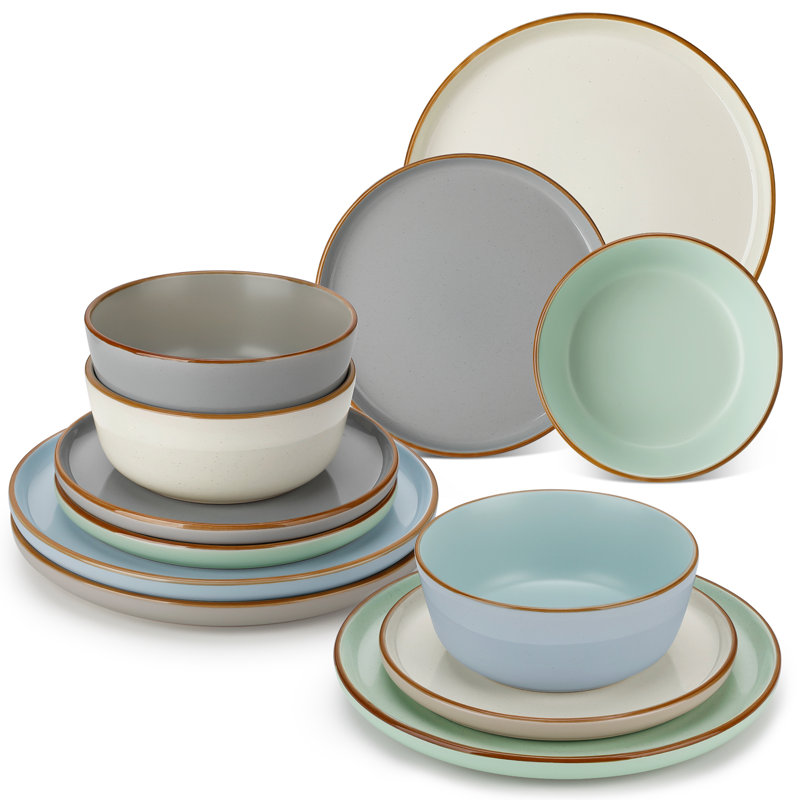 RENIOO Piece Stoneware Dinnerware Set - Service for 4, Gray/Blue/Green