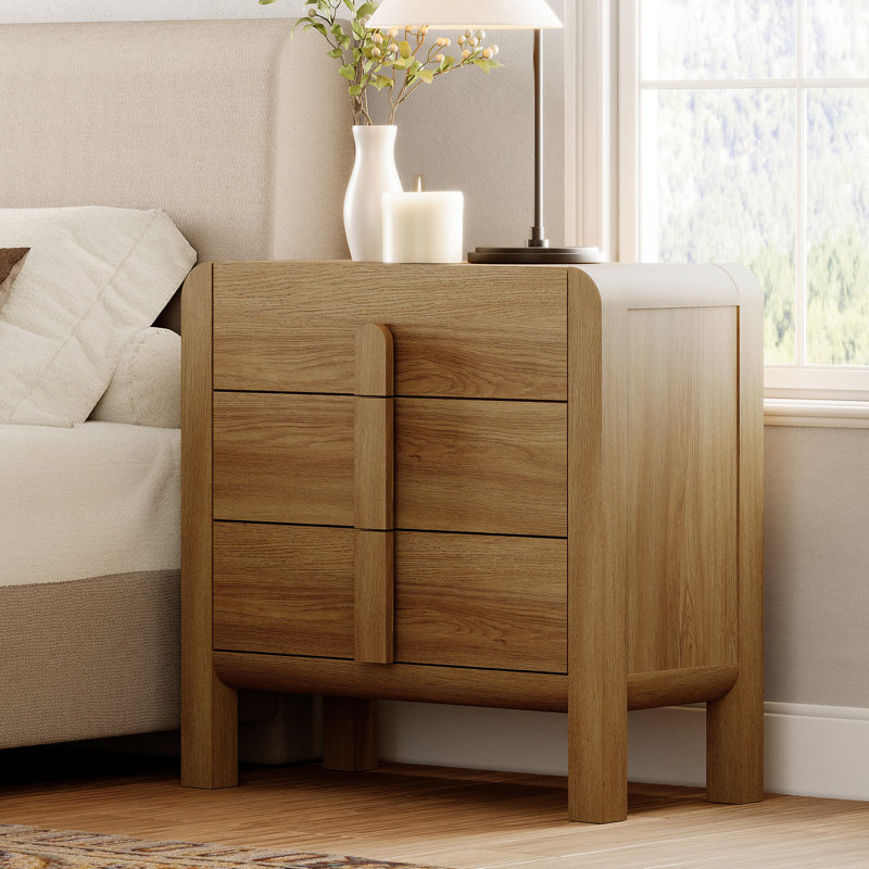 Adora Modern Wood Nightstand With 3 Drawers ,31.5" Large Mid-Century End Table,Curved Bedside Table Storage Cabinet For Bedroom, Living Room,Entryway