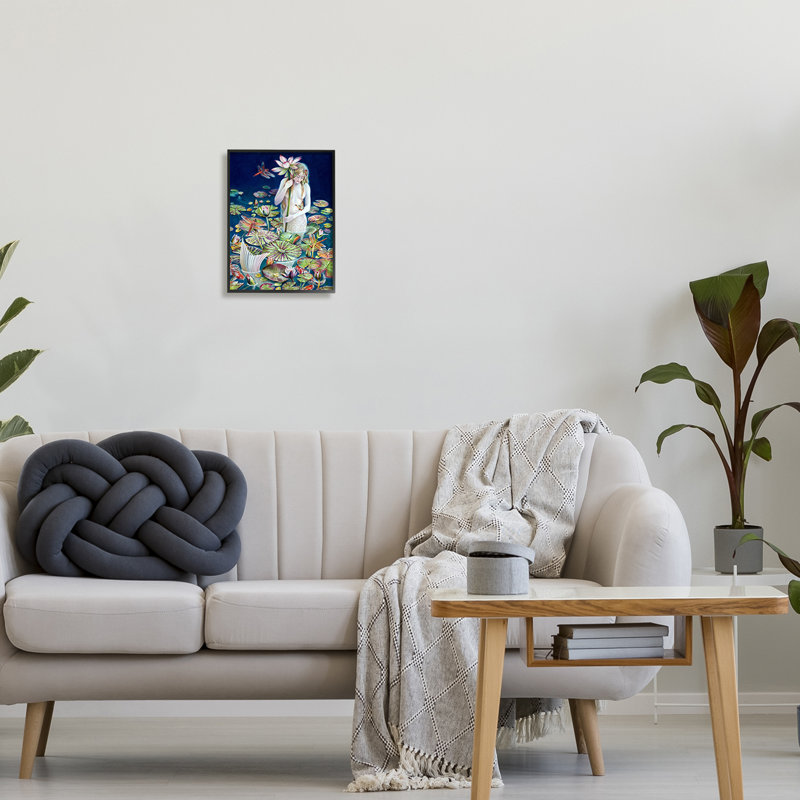 Sirène parmi les nénuphars, étang à fleurs, Giclée encadrée noir minuit, H 14 po x l 11 po x P 1,5 po