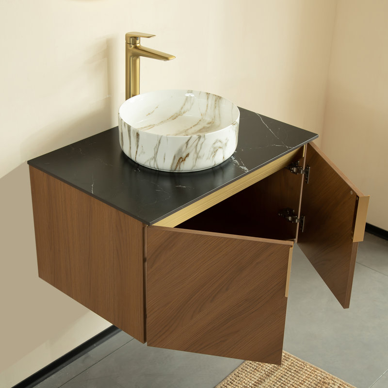 Meuble-lavabo de 30 po avec comptoir en pierre noire et vasque en céramique, design minimaliste moderne, idéal pour les salles de bain / toilettes