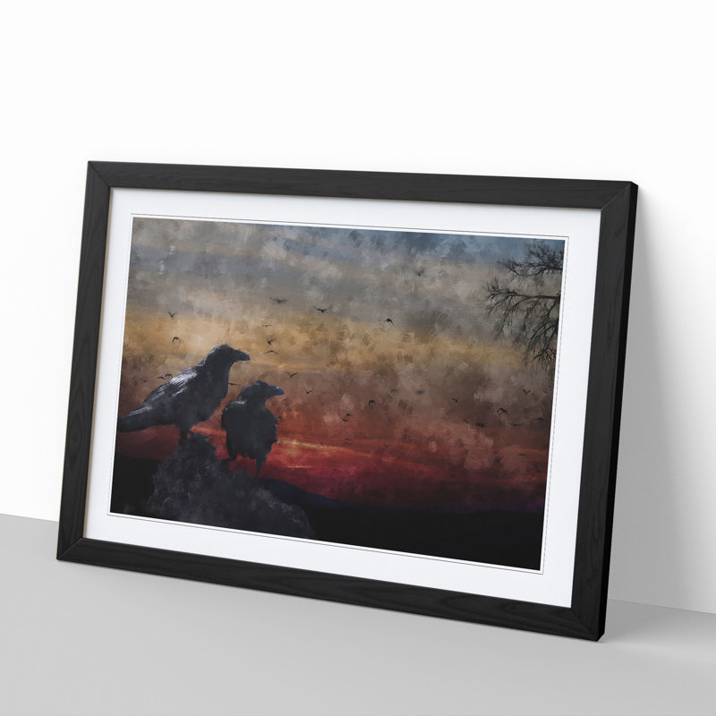 Crows at Sunset - Picture Frame Painting, 27cm H x 36cm W x 2cm D, Black Framed