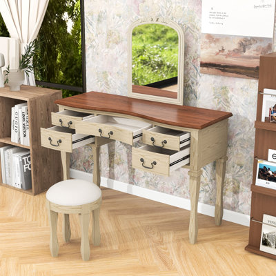 Vanity Set with Mirror, 5 Drawers and Upholstered Stool