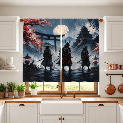 2Pcs Samurai Warriors Torii Gate Full Moon Cherry Blossom Castle Pattern Light Filtering Curtains, Artistic Design, Rod-Pocket Style, for Living Room, Bedroom, Balcony, Kitchen Home Decor