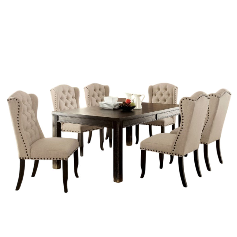Ensemble de table de salle à manger 7 pièces Bega, chaises capitonnées à boutons, bois noir