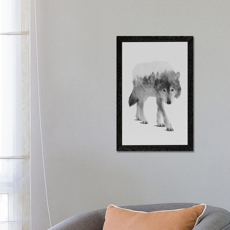 Wolf In The Woods II In B&W by Andreas Lie - Floater Frame Painting on Canvas, 101.6 cm H x 66.04 cm W, Black Framed