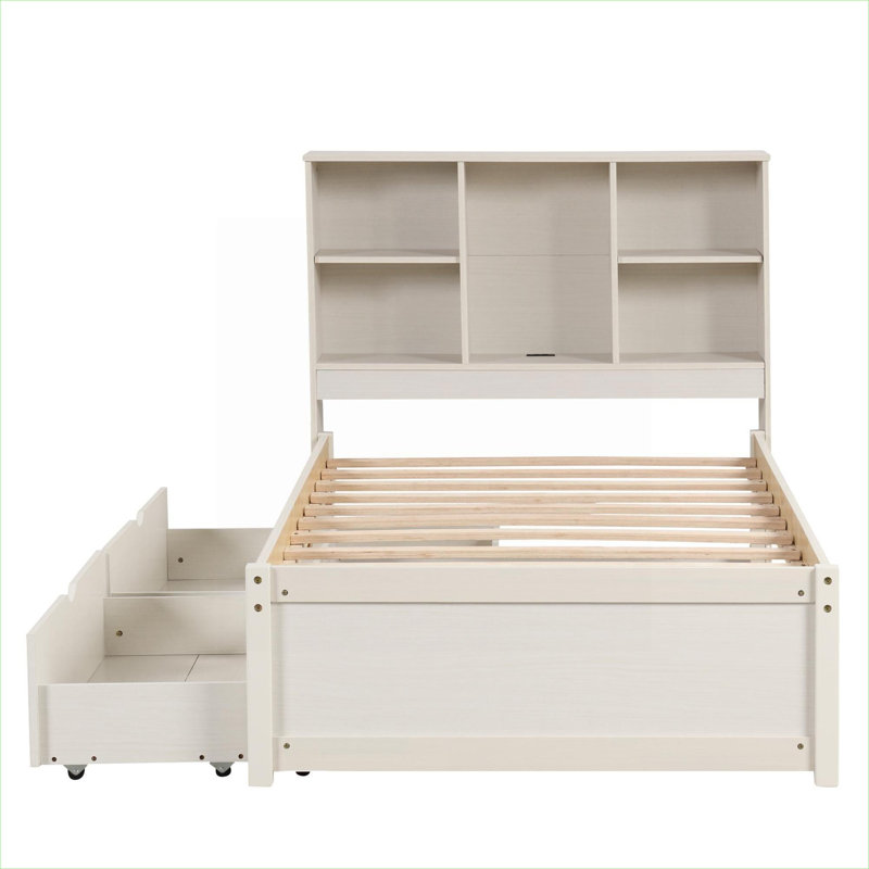 Lit plateforme simple, cadre de chambre à coucher avec tête de lit bibliothèque, port USB intégré et tiroirs sous le lit, panneau de particules blanc pur