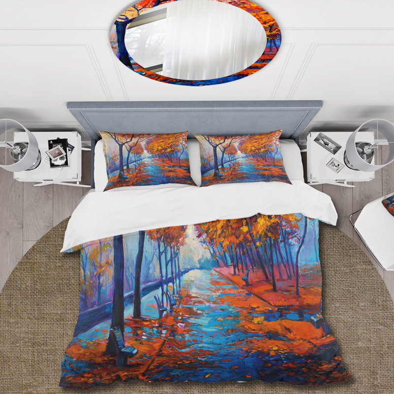 Petite route à travers le paysage d'automne orange III - ensemble de housse de couette traditionnel - microfibre de polyester