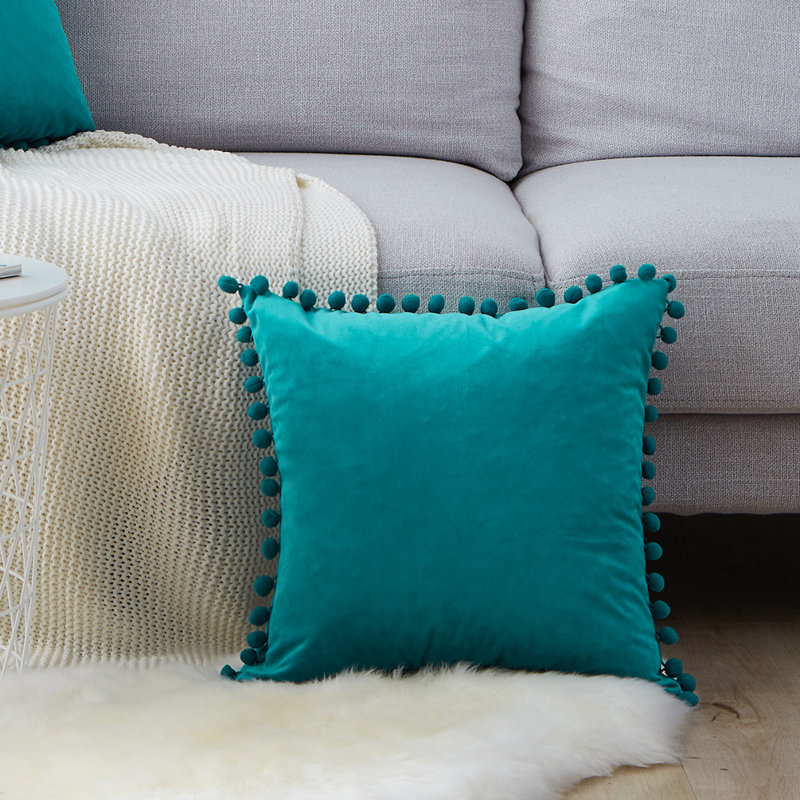 Housse de coussin Pom Pom, Turquoise, 18 po x 18 po