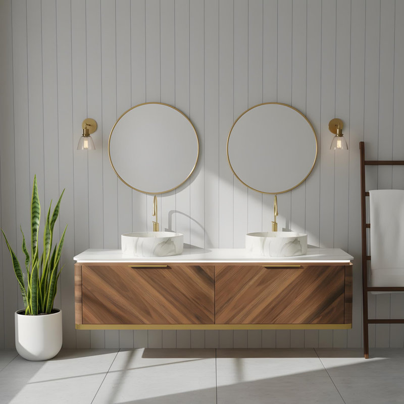 Meuble-lavabo mural 60 po avec tiroirs et vasques rondes blanches, 60"