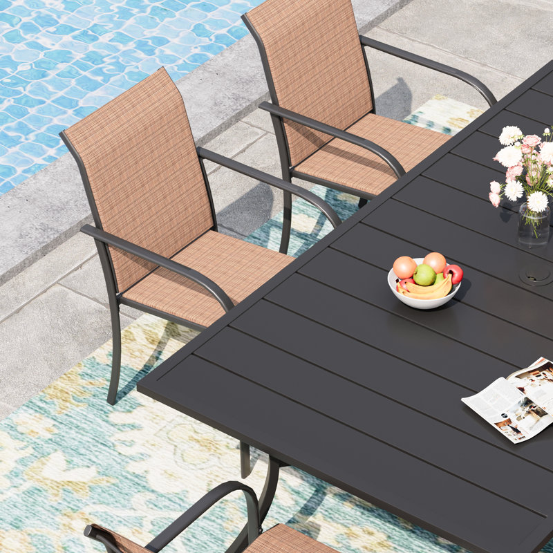 Ensemble de salle à manger rectangulaire pour 6 personnes avec chaise empilable en polyester enduit de PVC, Brun