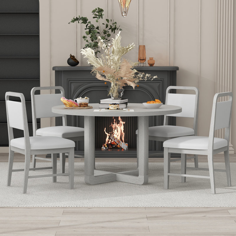 Ensemble de salle à manger rétro 5 pièces avec table ronde à motif de grain de bois et 4 chaises rembourrées, Gris