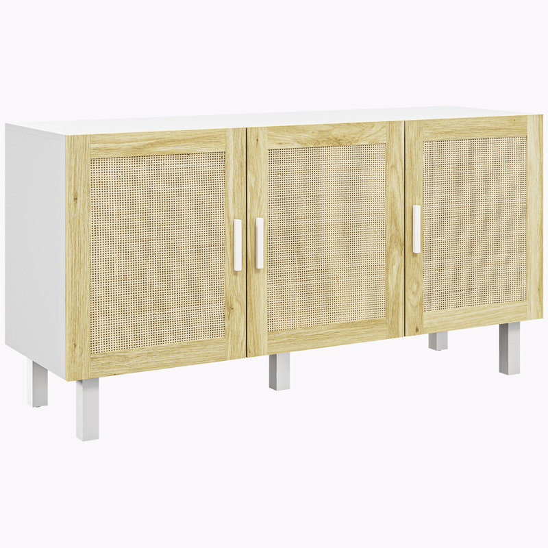 Cabinet with 3 Rattan Doors and Adjustable Shelves, Natural/White