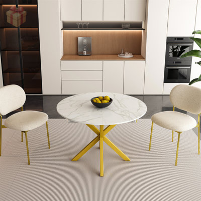 Modern and Simple Round Dining Table with Extendable Blades, Carbon Steel X-Base, Sturdy and Durable for Small Spaces