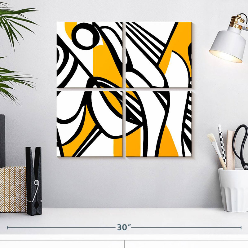 Lignes abstraites noires et jaunes, H 18 po x l 18 po
